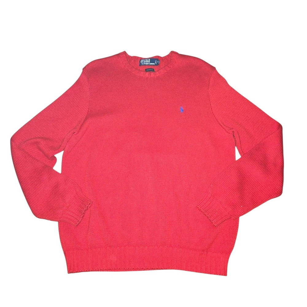 Polo Ralph Lauren Sweater Men Large Red 100% Cotton Knit Crewneck Blue Pony Logo